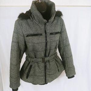 Ci Sono Tweed Hooded Jacket Women XL Faux Fur Trim Belted Zip Pockets B/W Lined